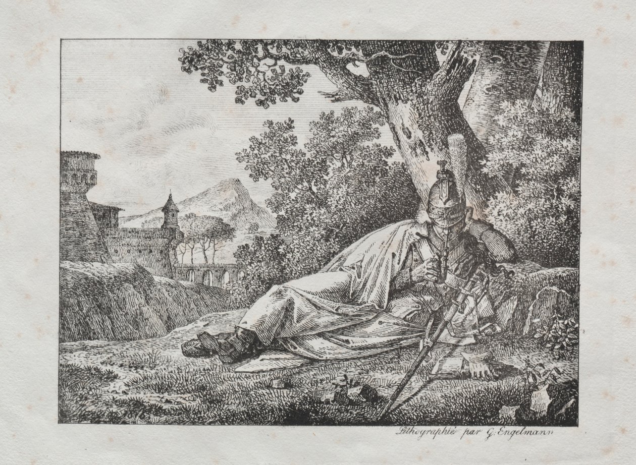 Litografik denemelerin toplanması: Dumanlı ejderha bir ağacın dibinde yatıyor, 1822. by Antoine Pierre Mongin