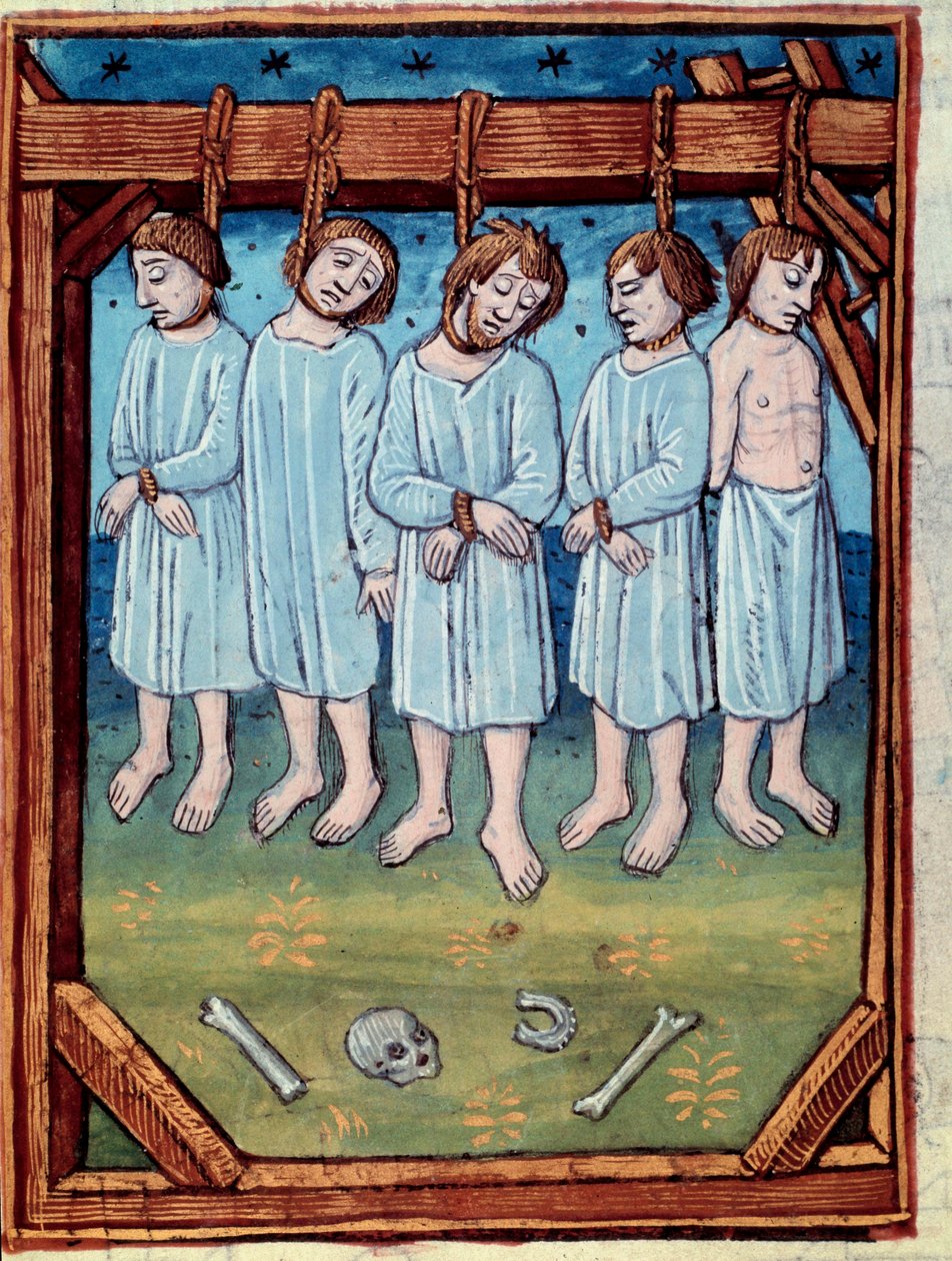 Beş adam asıldı. Minyatür "" Chronicles de Saint Denis" Paris, Antoine Verard by Antoine Verard