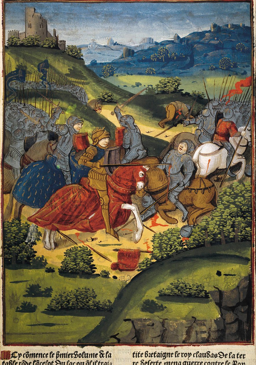 Lancelot bir savaşta - VERARD, Antoine (15. yüzyıl). İngiliz yayıncı ve kitapçı.; LANCELOT (6. yüzyıl). Kral Arthur'un sarayının şövalyesi. Lancelot bir savaşta. Antoine Verard'ın (1494) “Lancelot du Lac” çizimi. Gotik sanat. Minyatür Resim. FR by Antoine Verard
