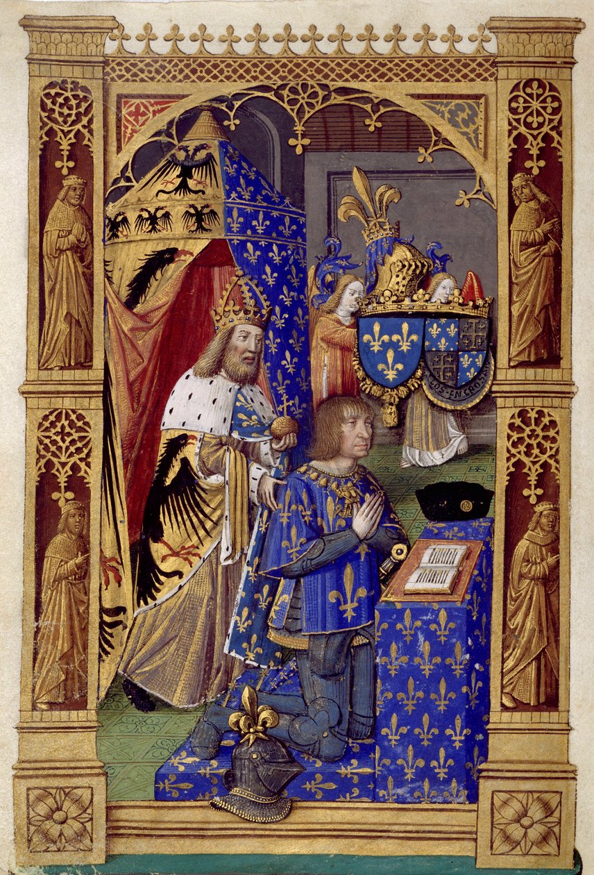 Fransa Kralı XII. Louis (1462-1515) arkasında Charlemagne ile dua ederken - Minyatür Antoine Verard (1485-1512) ""VIII. Charles