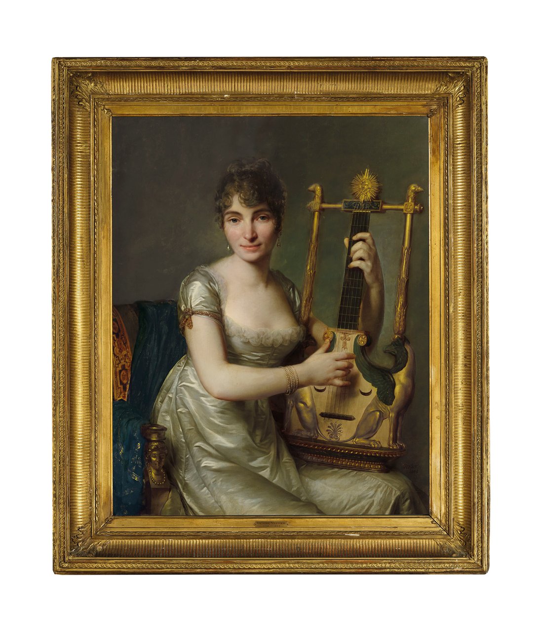 Portre de Madame Larmoyer, dörtte üç uzunlukta, bir lir tutuyor by Antoine Vestier
