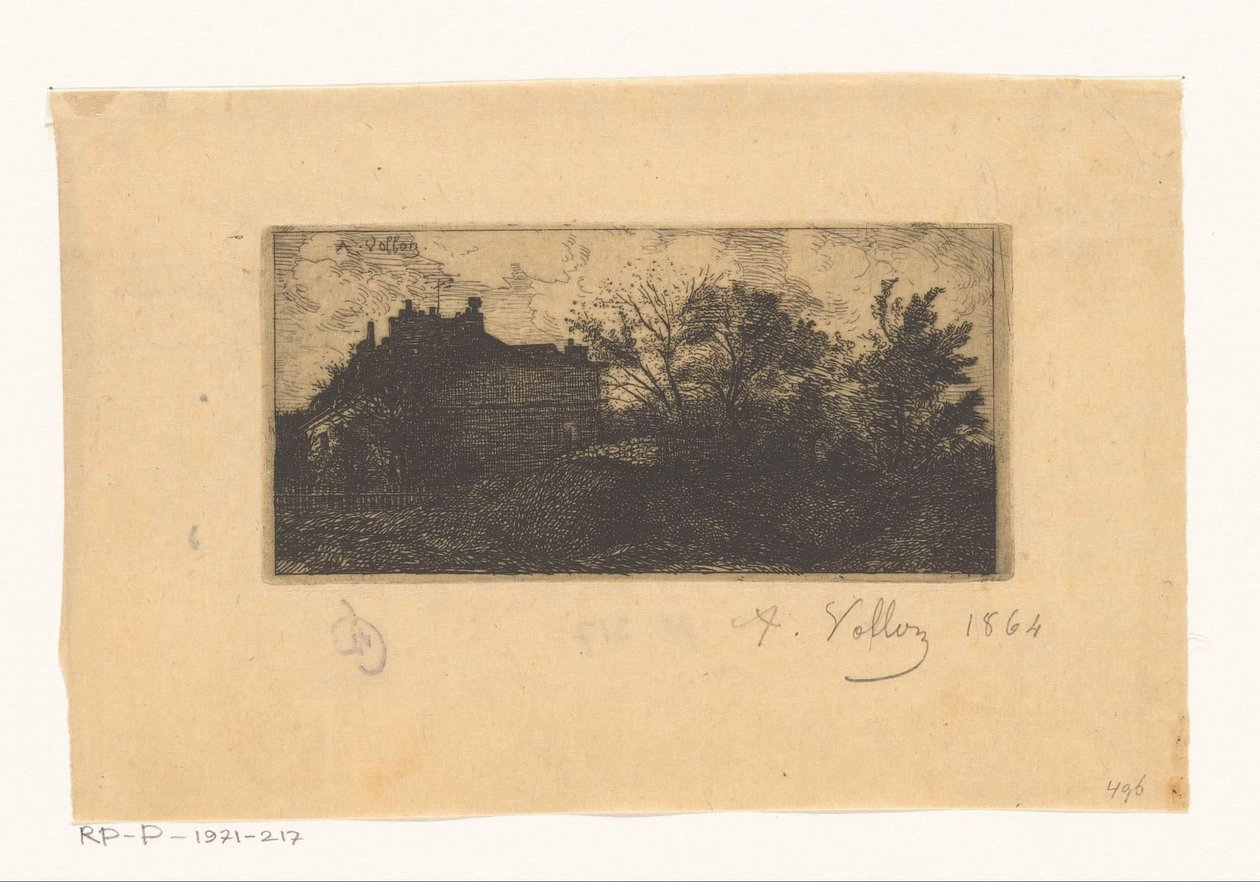 Bir çitin arkasındaki evler ve ön planda ağaçlar olan manzara by Antoine Vollon (signed by artist)