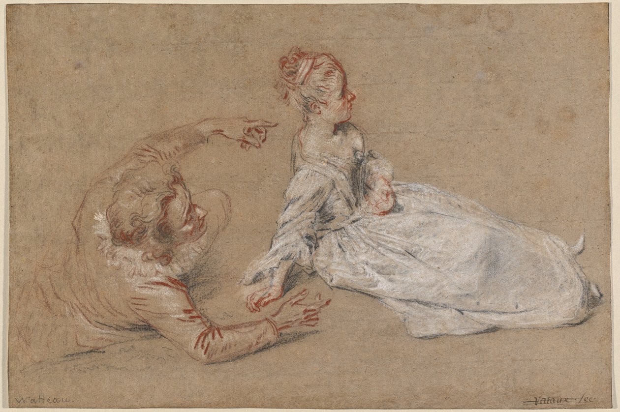 Uzanmış Bir Adam ve Yerde Oturan Bir Kadın by Antoine Watteau
