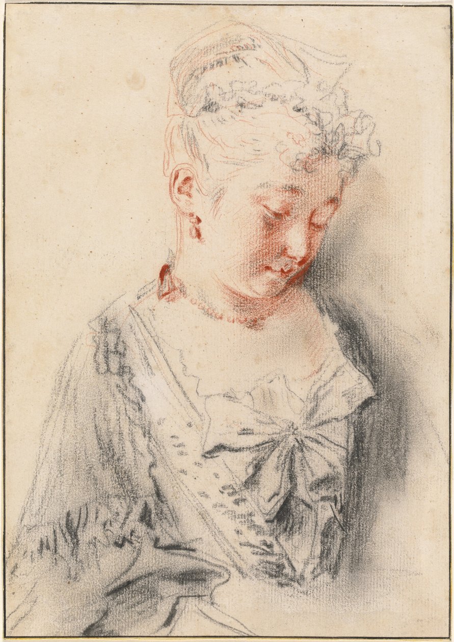 Oturan Kadın Aşağıya Bakıyor by Antoine Watteau