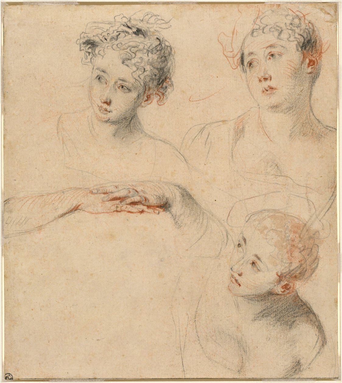 Bir Kadının Başının Üç Çalışması ve Ellerin Bir Çalışması [rekto] by Antoine Watteau