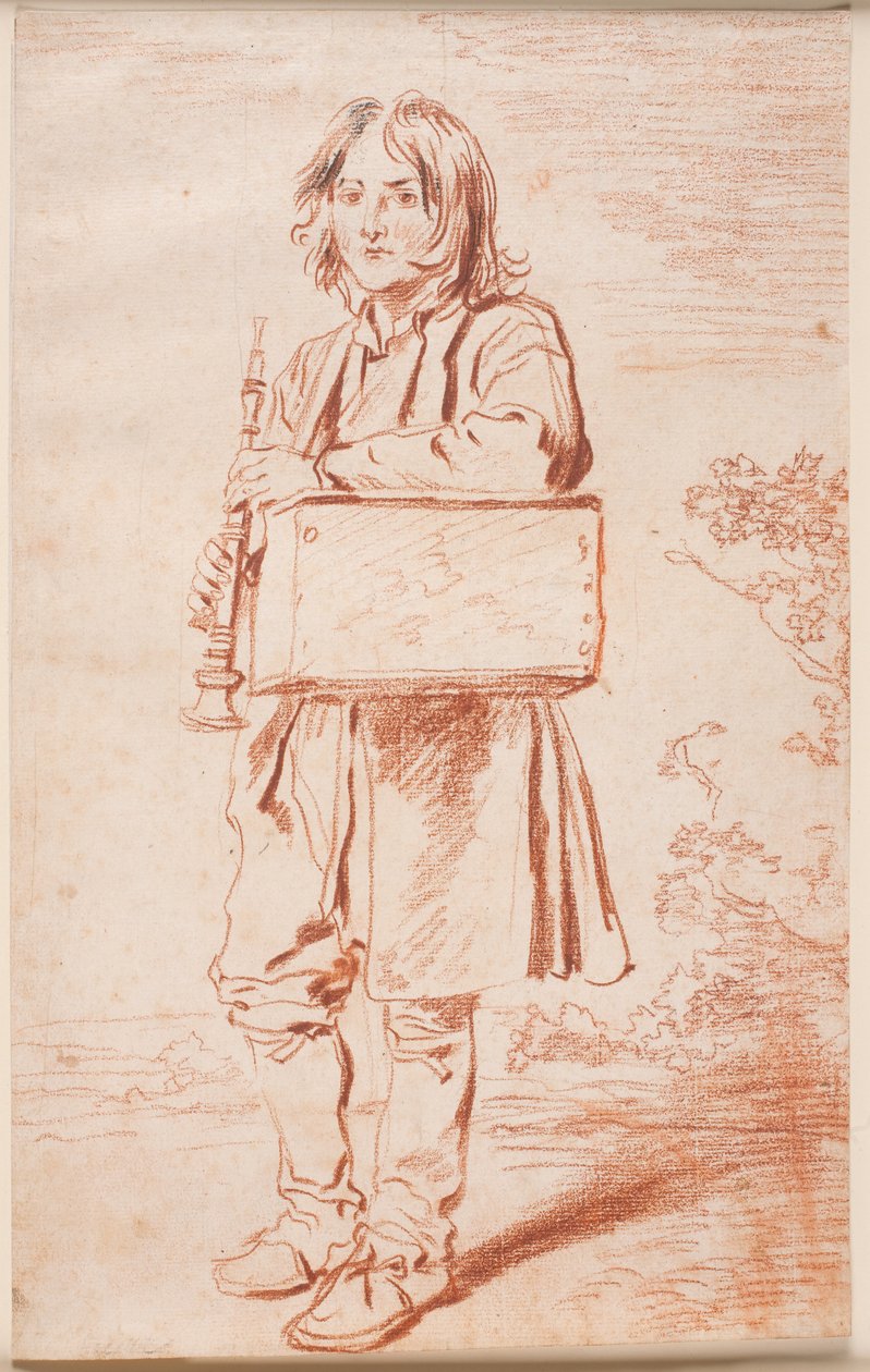 Ung Savoyarder. Tam bir yüz sol, ayakta, bir omzunun üzerinden dağ sıçanı ile bir kutu asıyor, elinde düdüğü tutuyor by Antoine Watteau