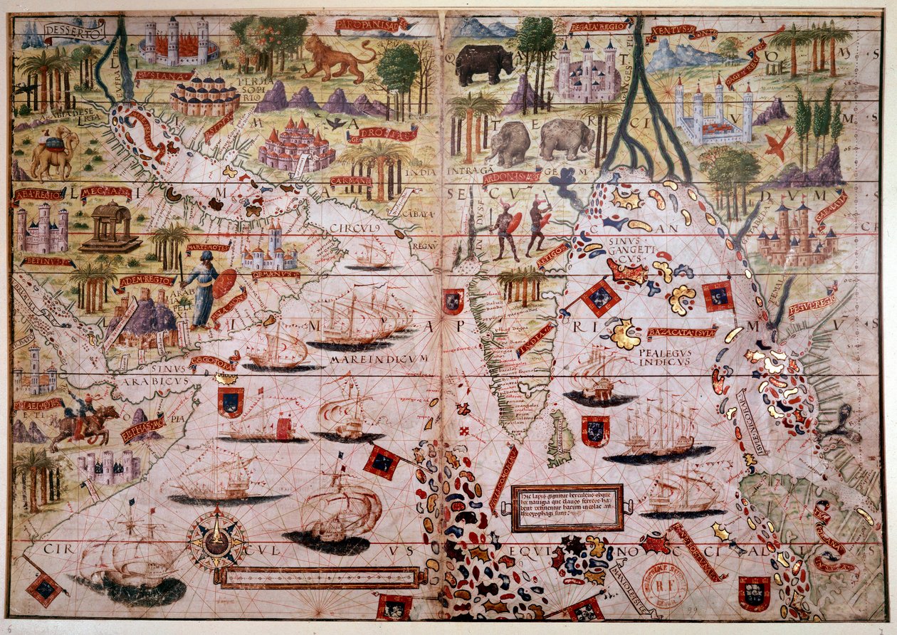 Indes Portekiz deniz atlası. 1519'da Pierre ve Georges Reinel, Lopo Homem (haritacılar) ve Antoine de Hollande (nakkaş) tarafından yapılan Atlas Miller el yazmasının sayfası. 16'ncı yüzyıl. Paris, B N. by Antoine de Hollande