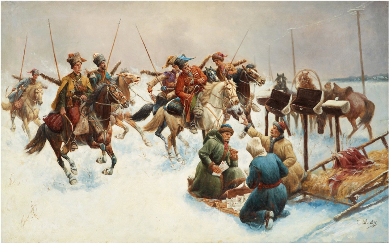 Kazaklarla kış manzarası (posta teslimi) - Tablo Adolf Baumgartner Stoiloff (Baumgartner-Stoiloff) (1850-1924), tuval üzerine yağlı boya, 82x130 cm - Özel koleksiyon by Anton Baumgartner Stoiloff