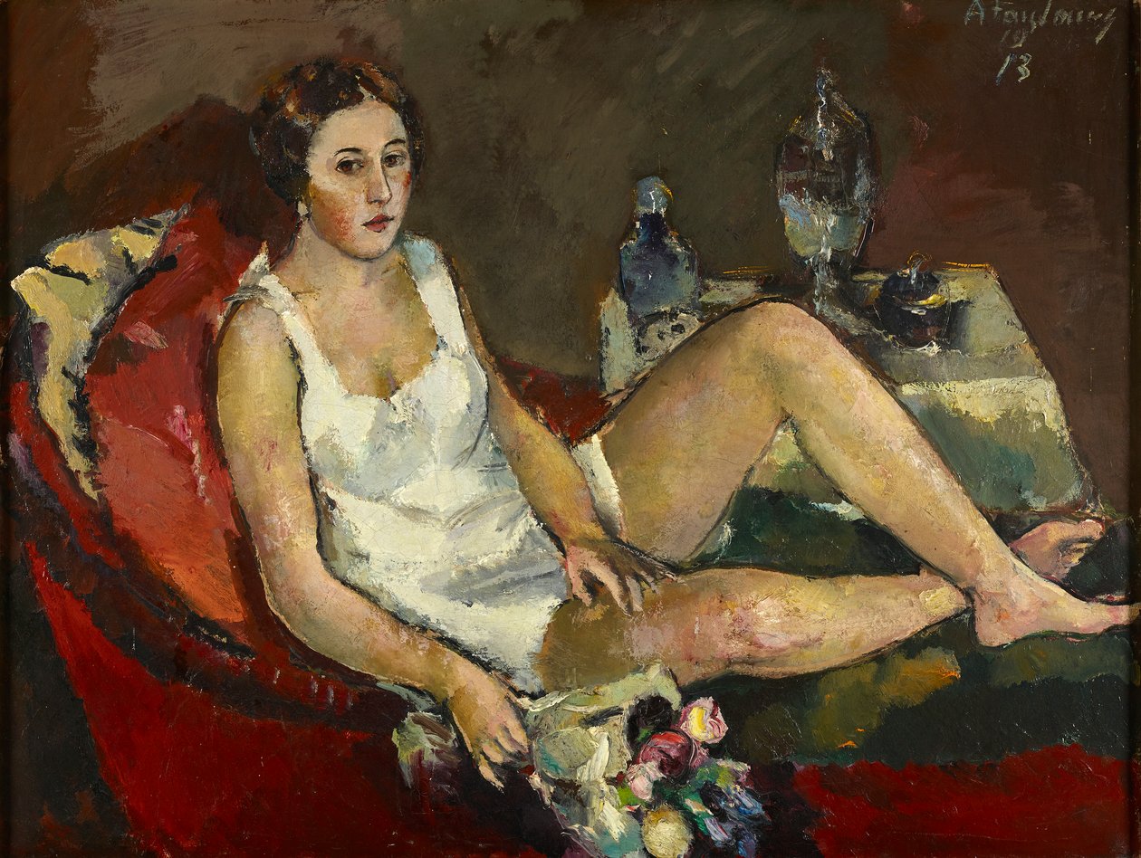 genç kadın, üstünde, kırmızı kanepe by Anton Faistauer
