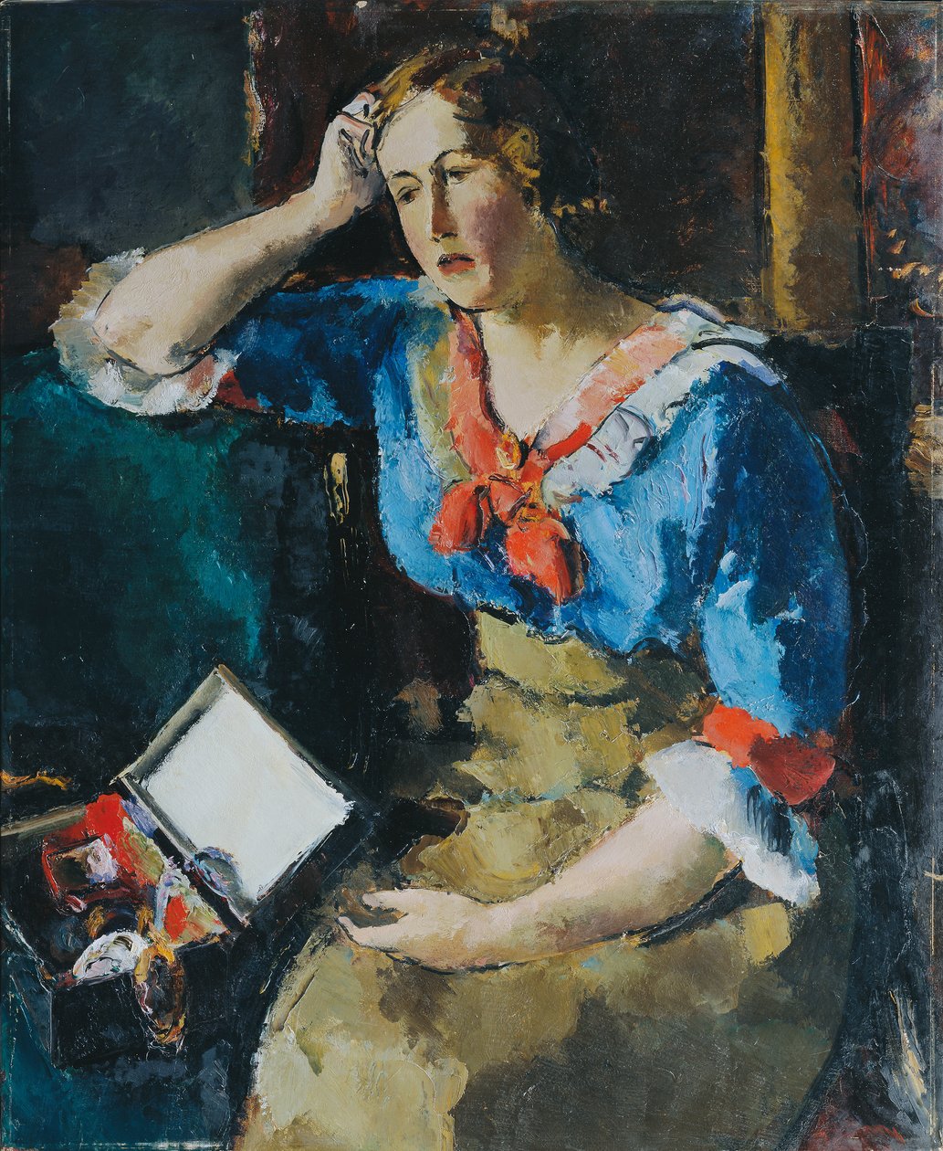 Mavi bluzlu oturan bayan by Anton Faistauer
