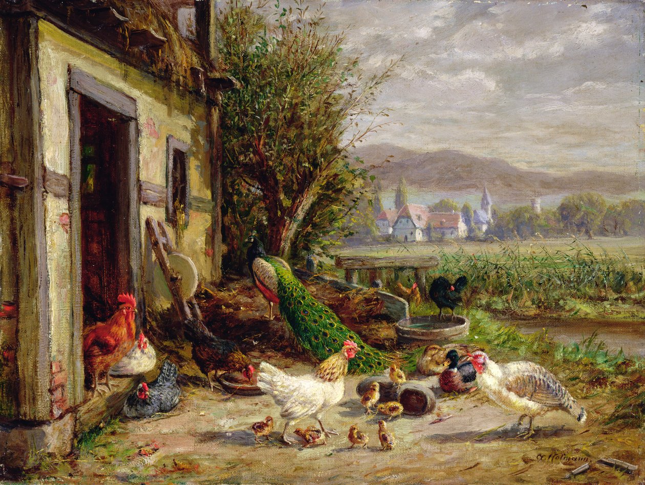 Kanal kenarında tavuklar, ördekler ve tavus kuşu by Anton Hoffmann