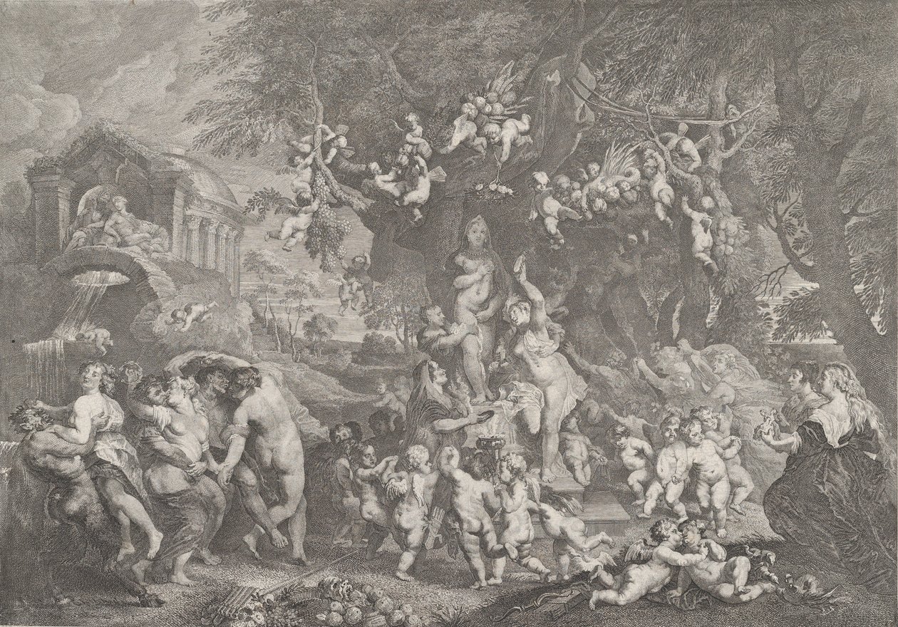 Venüs Bayramı, satirler, periler ve putti gruplarının Ve..., 1732 heykelinin etrafında dans ettiği. by Anton Joseph von Prenner