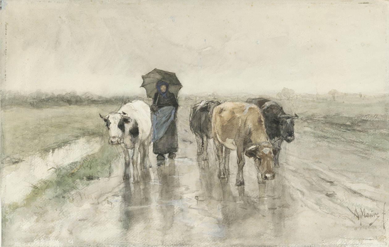 Yağmurda Köy Yolunda İnekleri Olan Bir Çoban Yağmurda köy yolunda inekleri olan bir çiftçinin karısı. by Anton Mauve