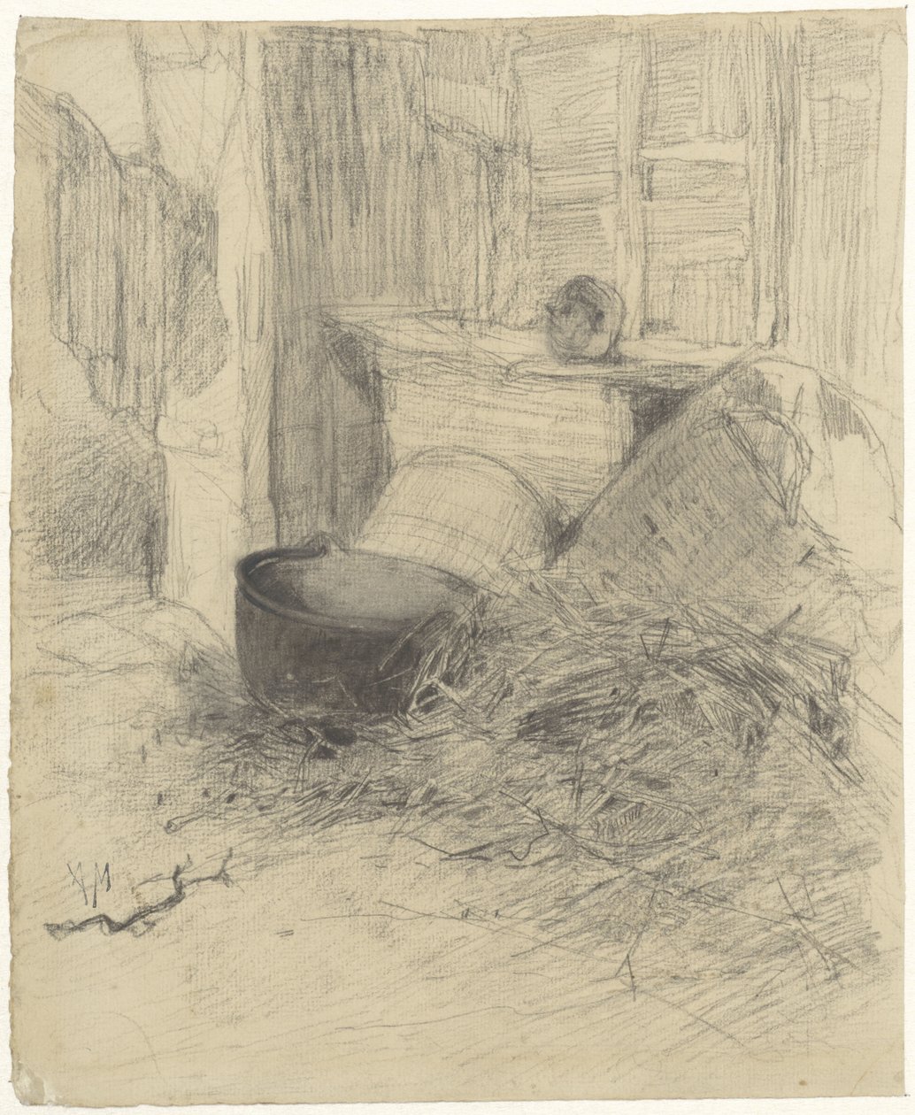 Saman ve çeşitli nesnelerle dolu bir ahırın içi by Anton Mauve