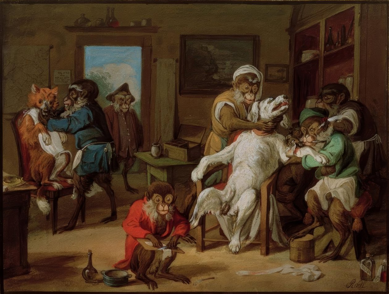 Berber dükkanı, maymunlar köpekleri tıraş ediyor by Anton Radl