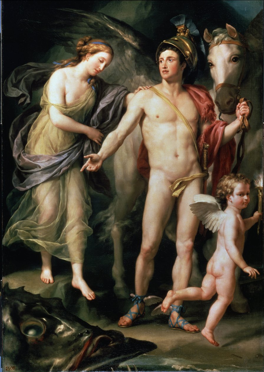 Andromede ve Persee, Pegase bineğini tutuyor by Anton Raphael Mengs