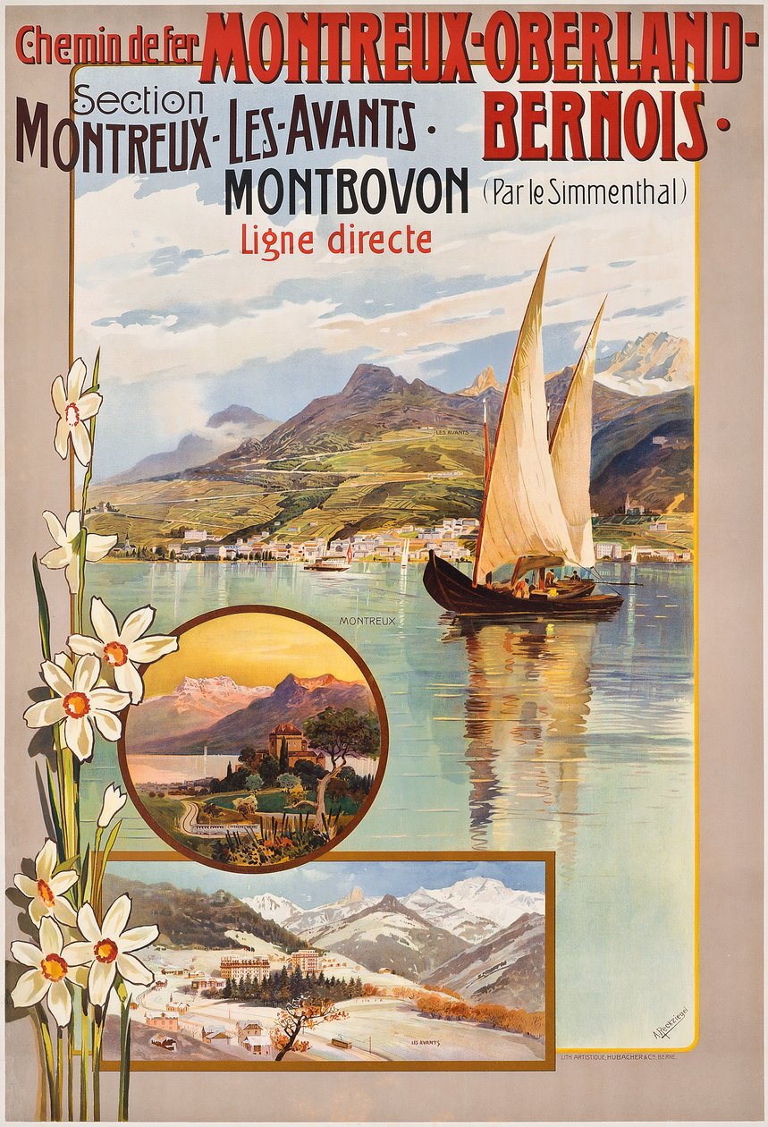 Montrö-Oberland-Bernois tren yolculukları için afiş reklamı, c. 1910 (renkli taş) by Anton Reckziegel