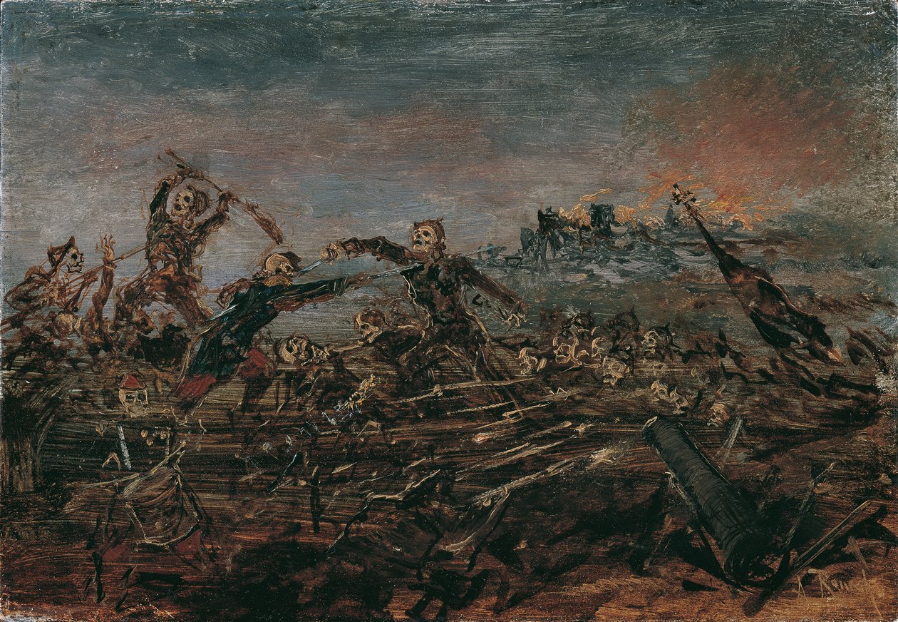 Yanan harabelerin önündeki savaş alanında ölümün dansı, 1882-1885. by Anton Romako