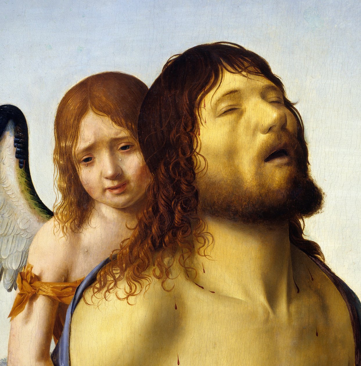 Antonello da Messina (1430-1479) 1476-1479 Güneş “” Bir Melek Tarafından Desteklenen Ölü İsa” tablosundan detay. 0,74x0,51 m Madrid, Prado Müzesi. by Antonello da Messina