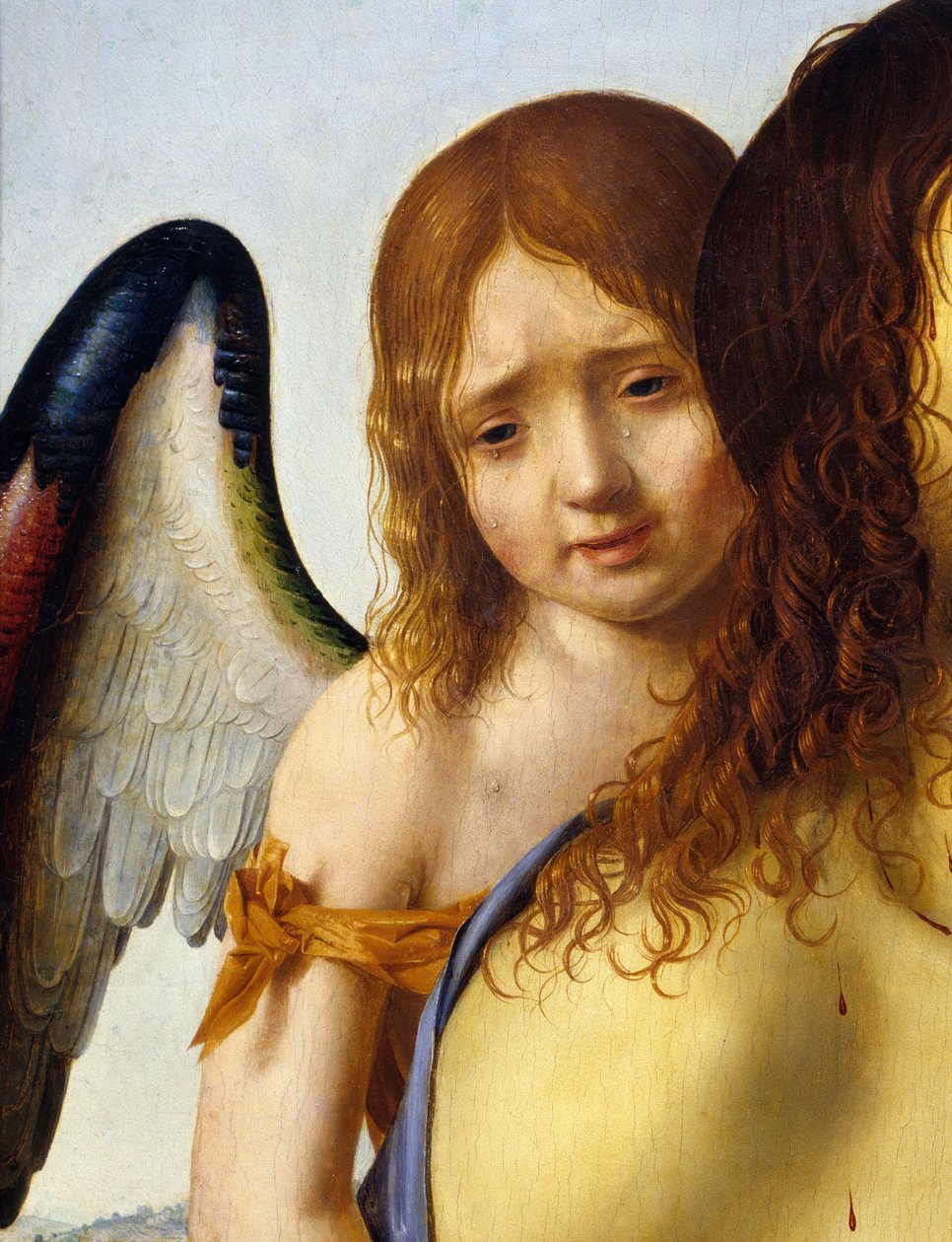 Antonello da Messina (1430-1479) 1476-1479 Güneş “” Bir Melek Tarafından Desteklenen Ölü İsa” tablosundan detay. 0,74x0,51 m Madrid, Prado Müzesi. by Antonello da Messina