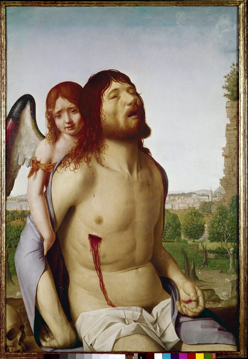 Bir melek tarafından desteklenen ölü Mesih. (paneldeki yağ by Antonello da Messina