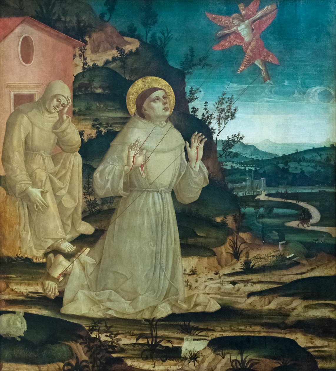 St Francis of Assisi stigmata'yı alıyor (ahşap panel üzerinde tempera) by Antoniazzo (workshop of) Romano