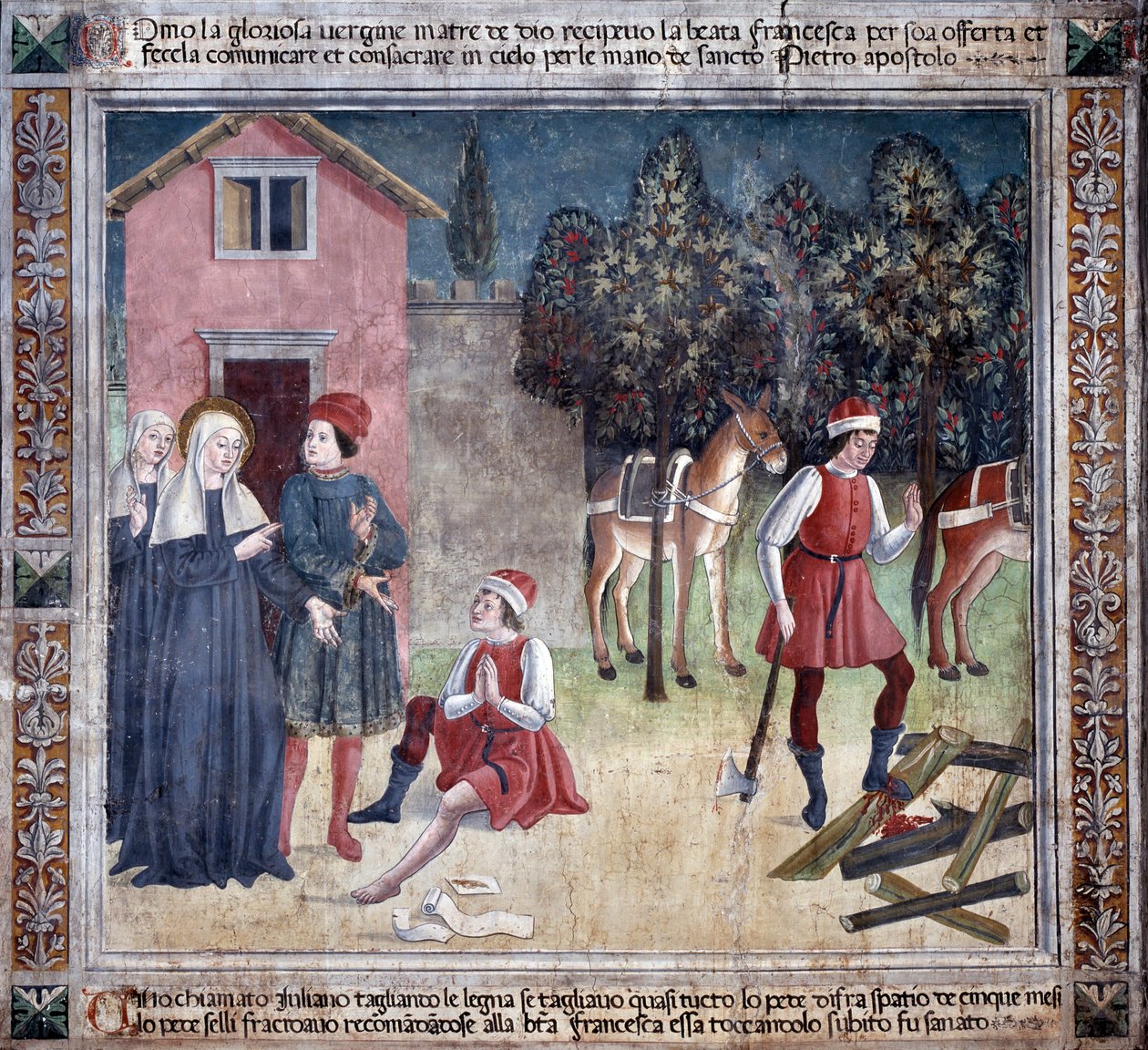 Aziz Francesca Romana'nın Hayatı: Aziz, yaralı ayağı olan bir adamı iyileştirir (Fresco by Antoniazzo Romano