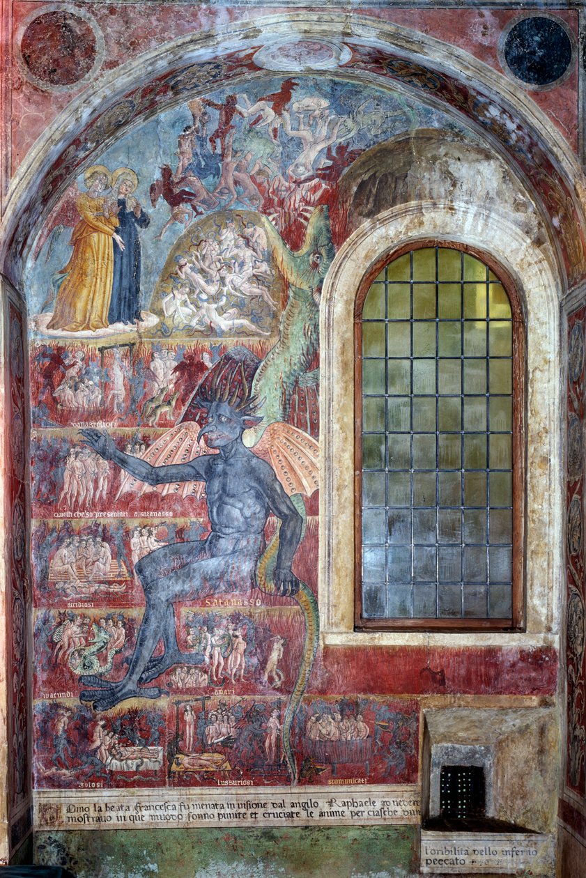 Cehennemin temsili, şeytan farklı lanet çemberleri arasında oturur (Fresco by Antoniazzo Romano