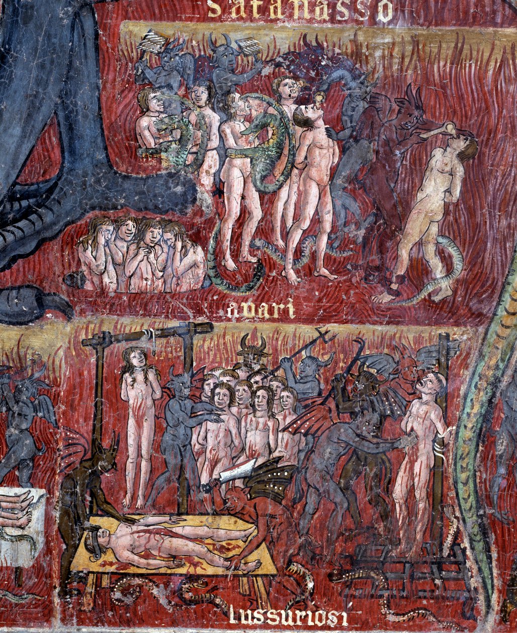 Cehennemdeki şeytan, şehvet ve hırs çemberinin detayı (Fresco by Antoniazzo Romano