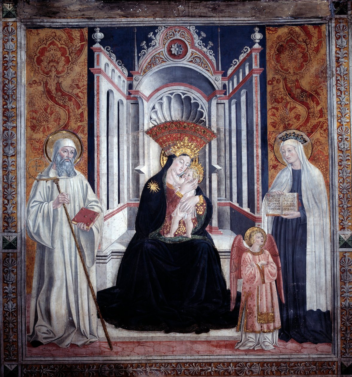 Aziz Benedict ve Aziz Francesca Romana arasındaki Bakire (Fresco by Antoniazzo Romano