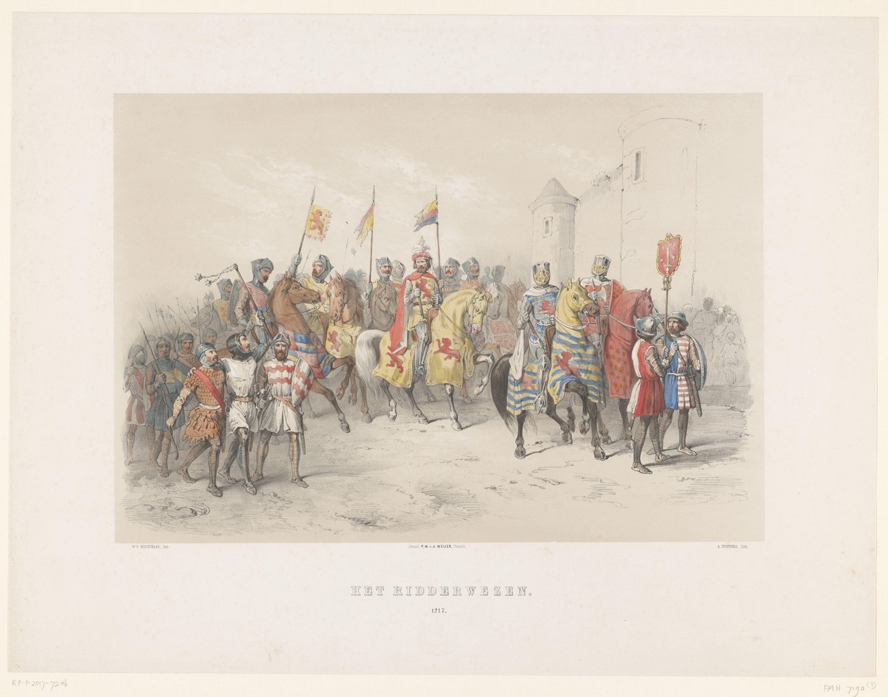 1851 Utrecht Masquerade: Ridder Yetimhanesi, 1217 Şövalye Yetimhanesi, 1217 (nesne üzerindeki başlık) Vaderlandsche Tarihi. en eski zamanlardan 17. yüzyılın sonuna kadar, kostümlü olarak HH Dtudenten der Utrechtsche Hoo tarafından sunulan sekiz sahnede by Antonie Johannes Groeneveldt