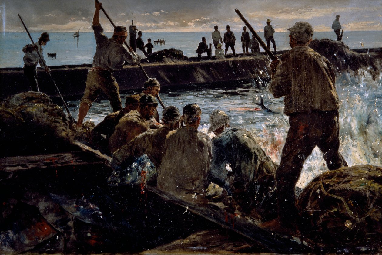 Ton balığı kesimi, resim Antonino Leto (1844-1913), tuval üzerine yağlıboya, 41x62 cm by Antonino Leto