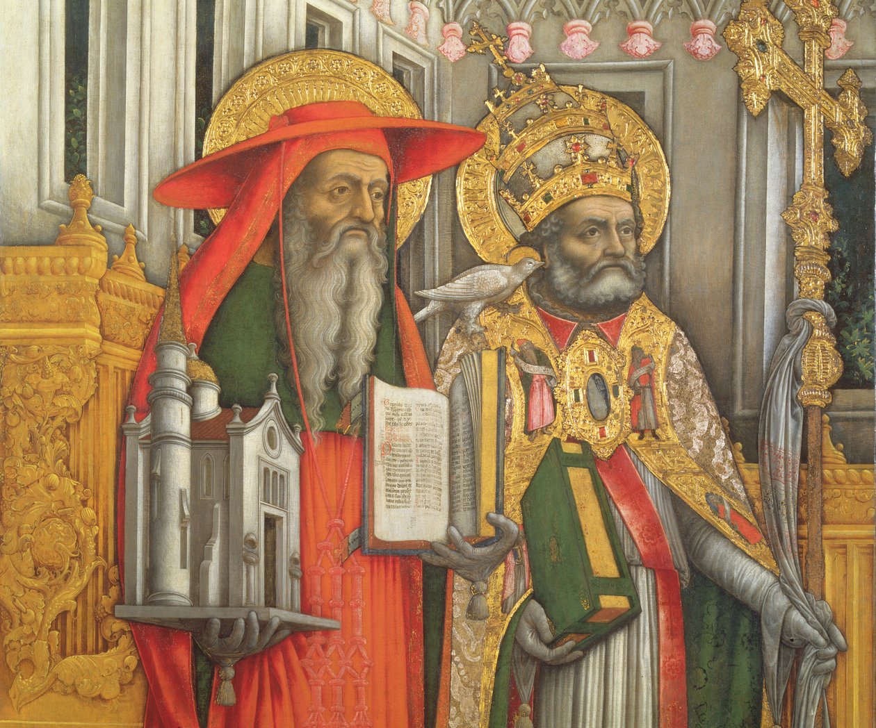 St. Jerome and St. Gregory, detail of left panel from The Virgin Enthroned with Saints Jerome, Gregory, Ambrose and Augustine, 1446  (post restoration) (see 160893-99) by Antonio Vivarini