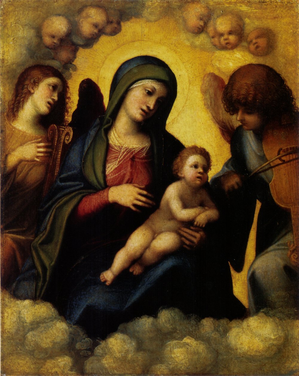 Madonna, çocuk ve iki melek müzisyenle by Antonio da Correggio