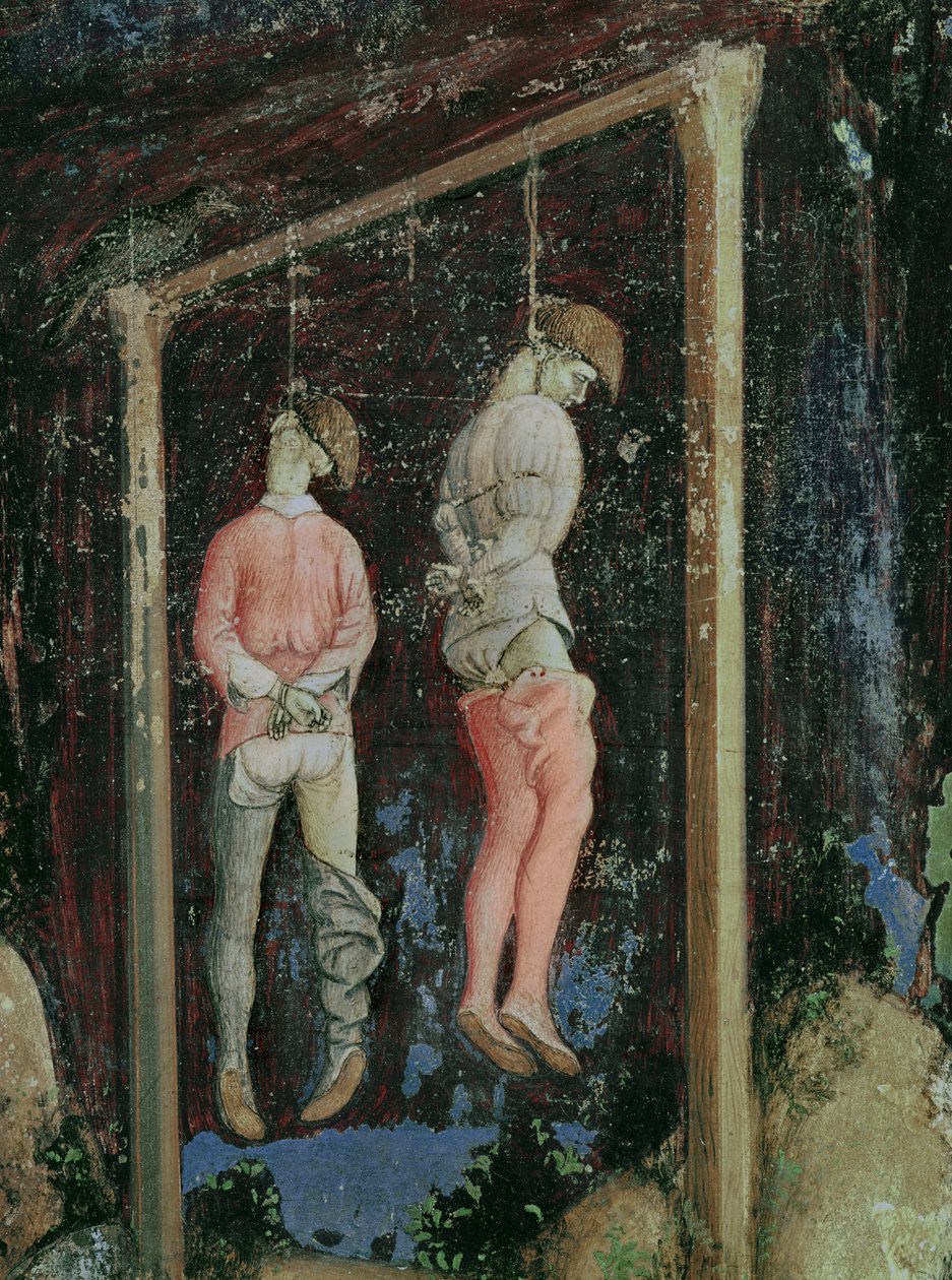 St. George ve Trabzon Prensesi, sol taraftan asılan iki adamın detayı, c.1433-38 by Antonio Pisanello