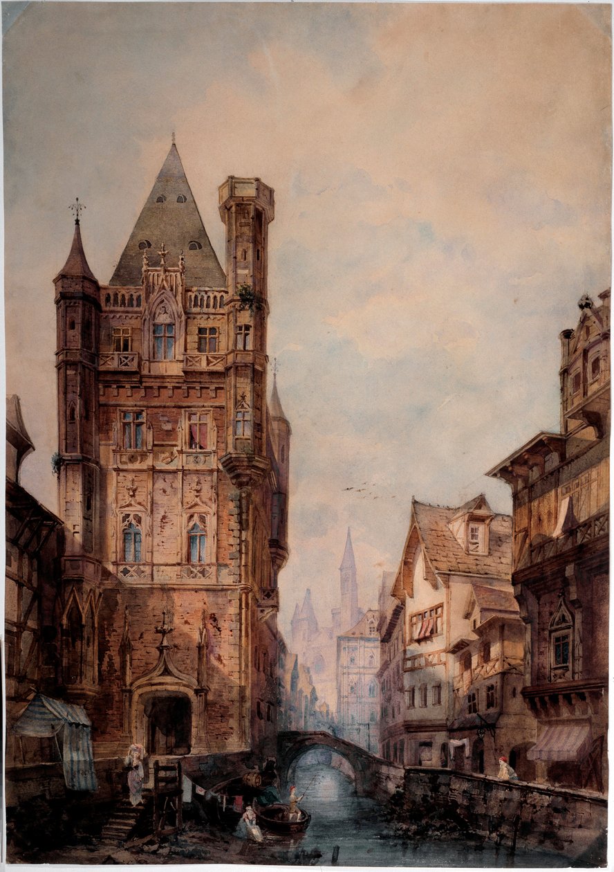 Norman şehrinde bir kanal görünümü Antonio Bernasconi (19. yüzyıl) Suluboya Dim 85x75 cm Genes, Galleria d