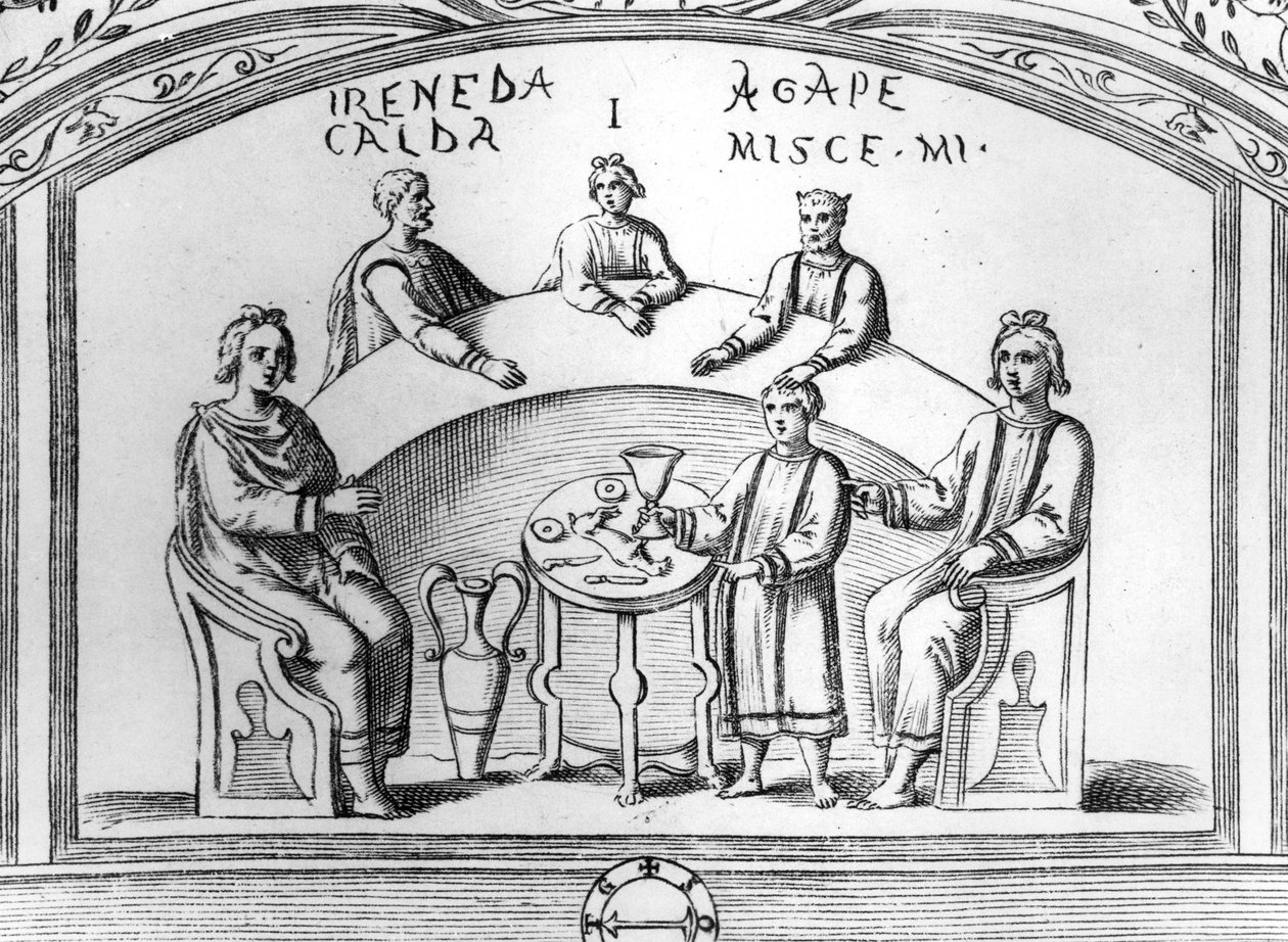Roma'daki erken dönem Hıristiyan bir yeraltı mezarlığı freskinden ziyafet sahnesi, Antonio Bossi tarafından 'Roma Sotterranea'dan illüstrasyon, 1632'de Roma'da yayınlandı (ahşap gravür) by Antonio Bosio