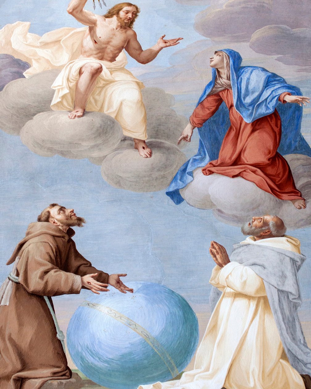Aziz Francis, Aziz Damian ve Mary, İlahi Adaleti dünyaya oklarını atmamaya ikna eden insanlık için aracılık ediyor, Antonio Busca (1625-1684), 20. Şapel, Papa Gregory IX tarafından aziz ilan edilen Aziz Francis, by Antonio Busca