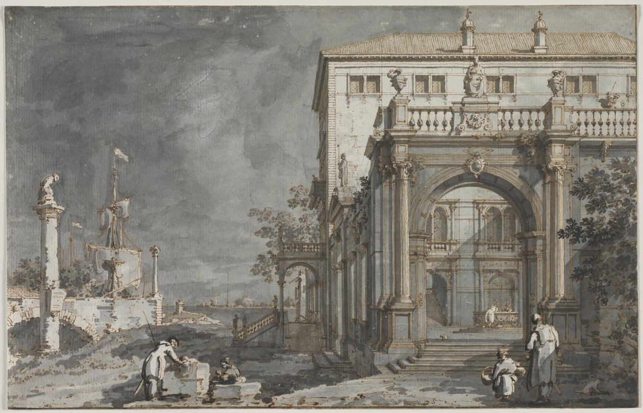 Capriccio: Lagün Yanında Avlulu Bir Saray, c. 1750-1755. by Giovanni Antonio Canal