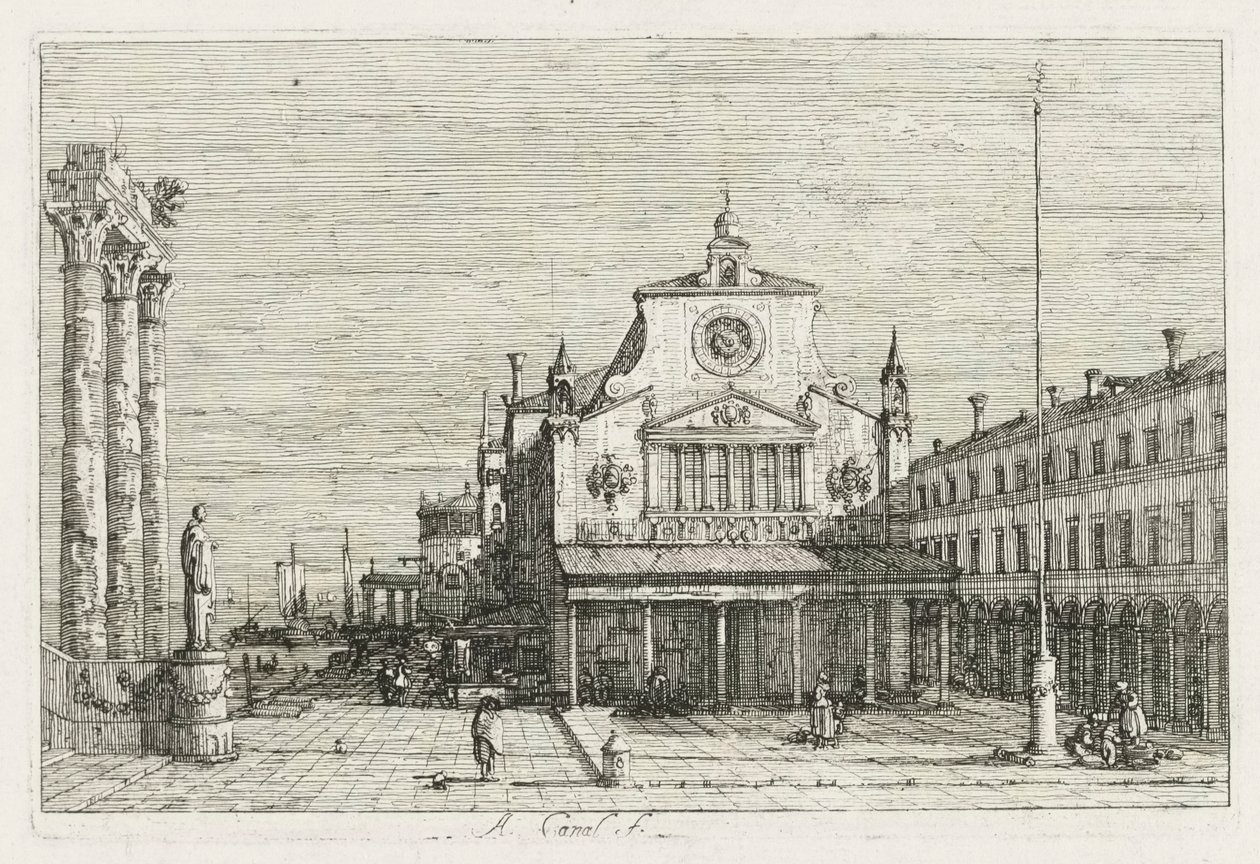 Manzara: Deniz Kıyısında Üç Sütun ve Bir Heykel by Antonio Canaletto