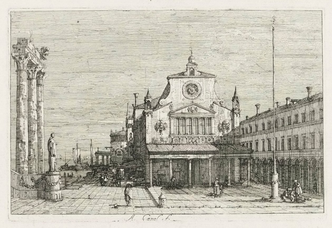 Manzara: Deniz Kıyısında Üç Sütun ve Bir Heykel, 1735-1746. by Giovanni Antonio Canal