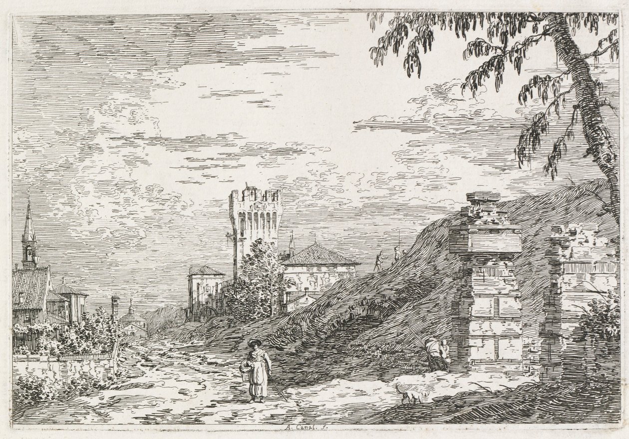 Manzara: İki Harap Sütun, 1735-1746. by Giovanni Antonio Canal