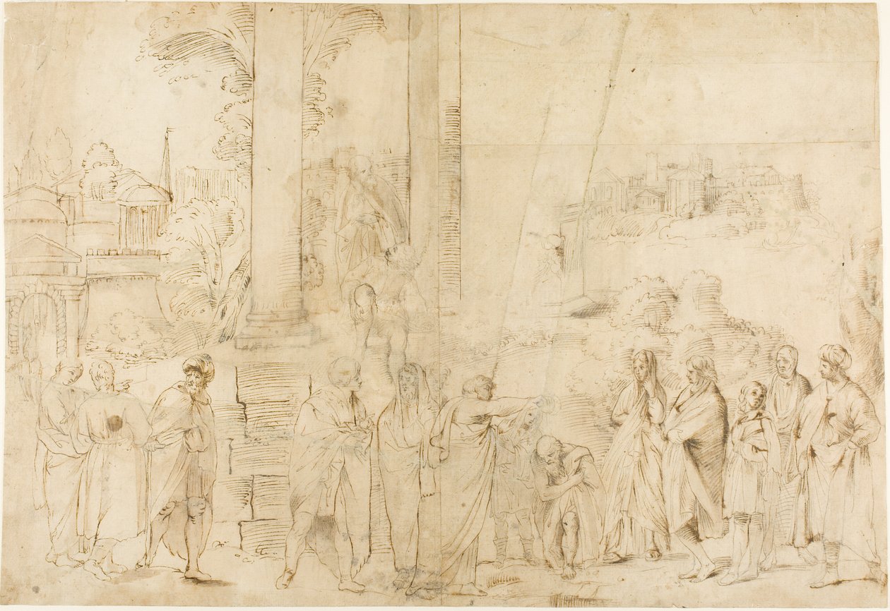 Aziz Paul, Areopagite Dionysos'u Vaftiz Eden (rekto); Bebek, El Çizimleri (verso) by Antonio Carracci