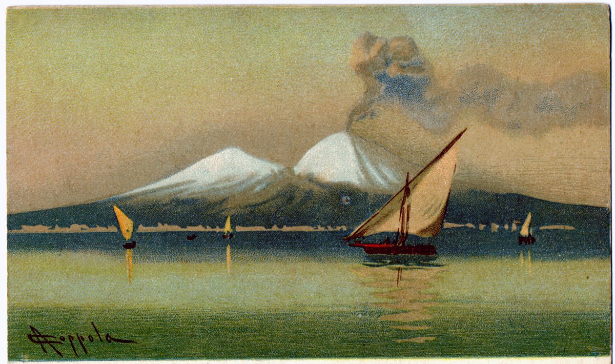 Coğrafya. Volkan Vezüv Yanardağı ve Napoli Körfezi. İllüstrasyon, A. Coppola, İtalya, 1920 dolayları (kartpostal) by Antonio Coppola