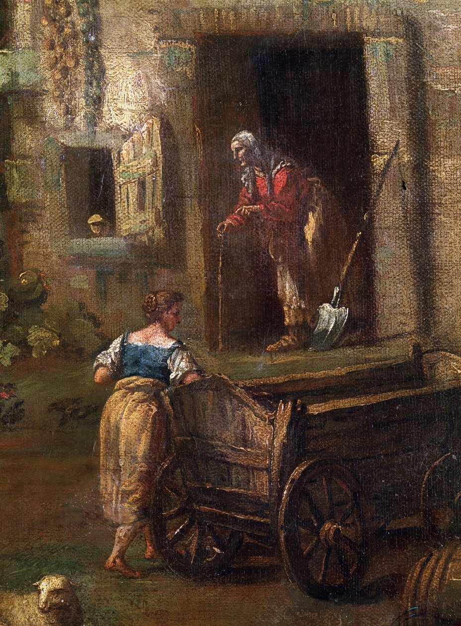 ""İtalya Manzarası"" (İtalyan manzarası) İtalyan kırsalında bir çiftlik evi, yaşlı bir köylü kadını temsil eden detay. Antonio Diziani (1737-1797) tarafından yapılan tablo 18. yüzyıl Mikalojus Konstantinas Ciurlionis Güzel Sanatlar Müzesi, Kaunas, Litvanya by Antonio Diziani