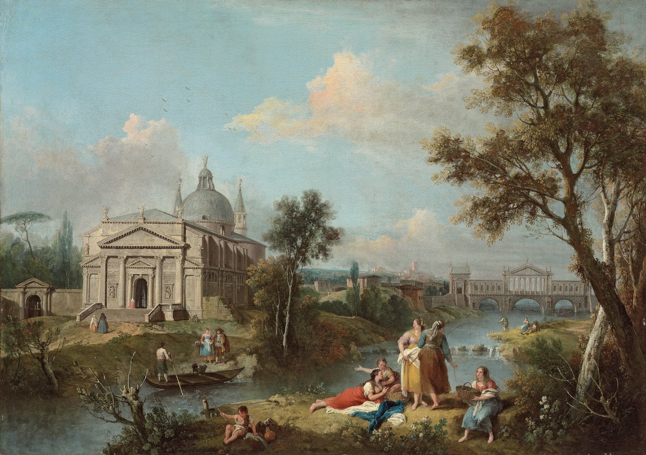İtalyan nehir manzarası (tuval üzerine yağlı boya) by Antonio & F. Zuccarelli (1702 88) Visentini