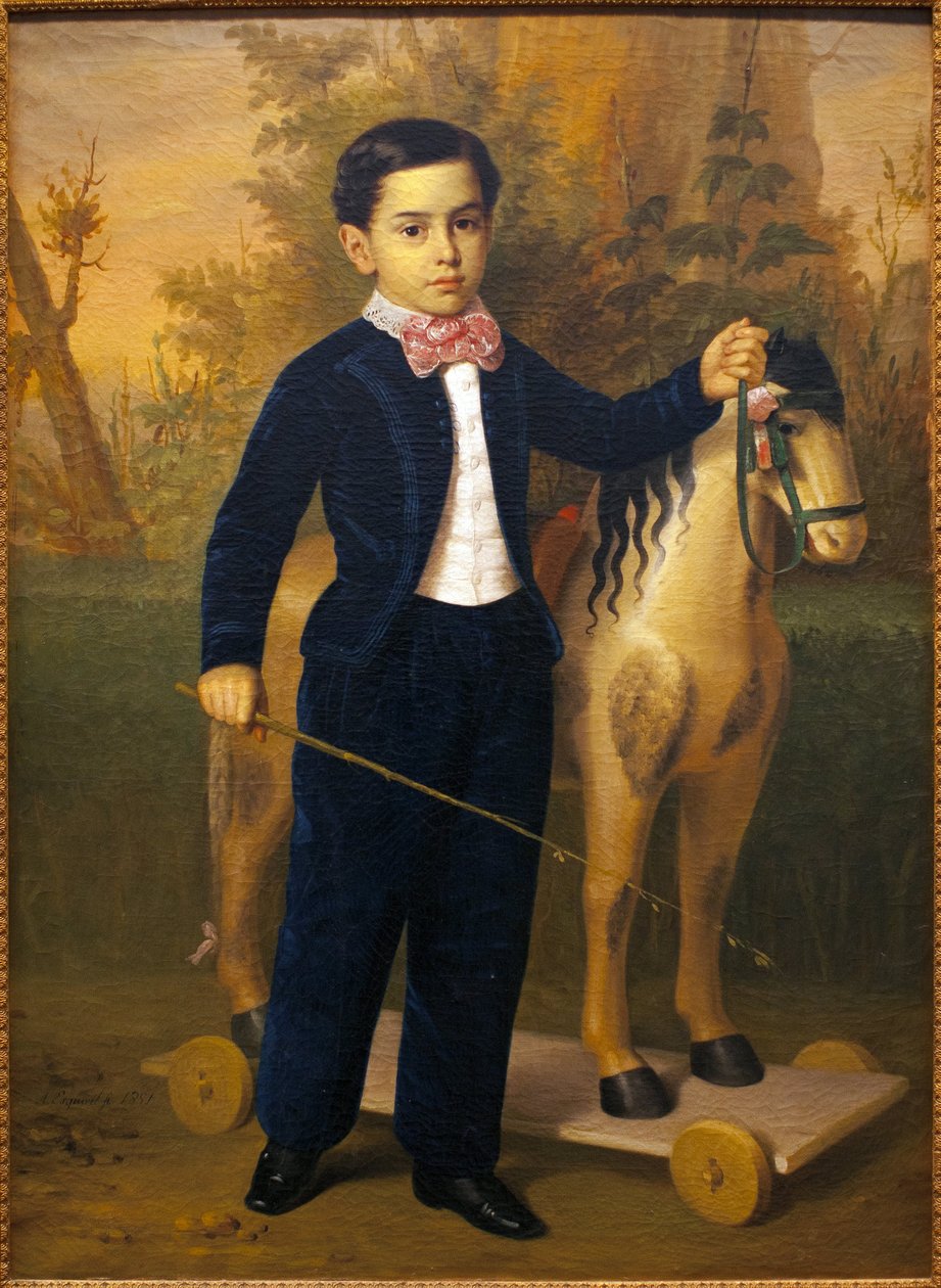 Tahta atlı küçük bir çocuğun portresi. Resim Antonio Maria Esquivel (1806-1857), Tuval Üzerine Yağlıboya, ves 1851. Sevilla, İspanya Güzel Sanatlar Müzesi. by Antonio María Esquivel y Suárez de Urbina