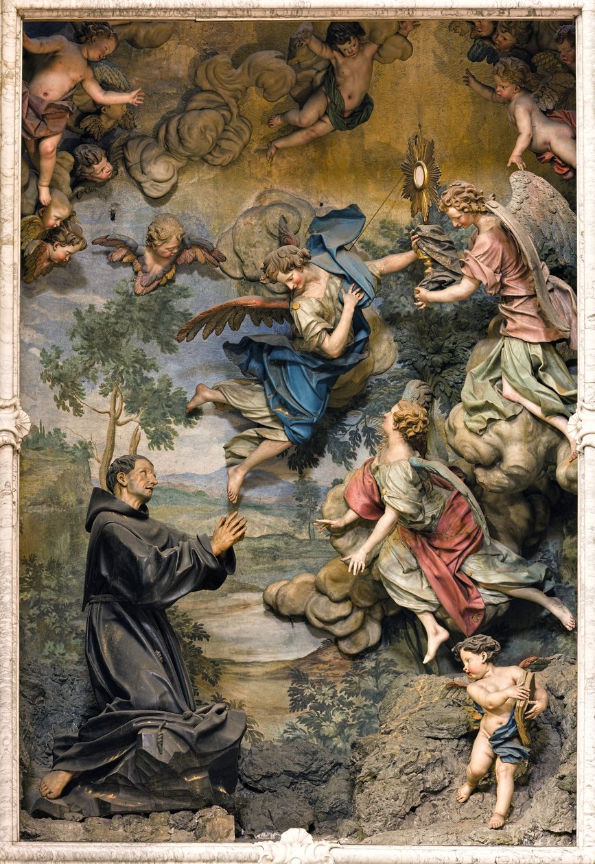 Hayranlık içinde San Pasquale Baylon (oyma ahşap üzerine fresk) by Antonio Maria Maragliano
