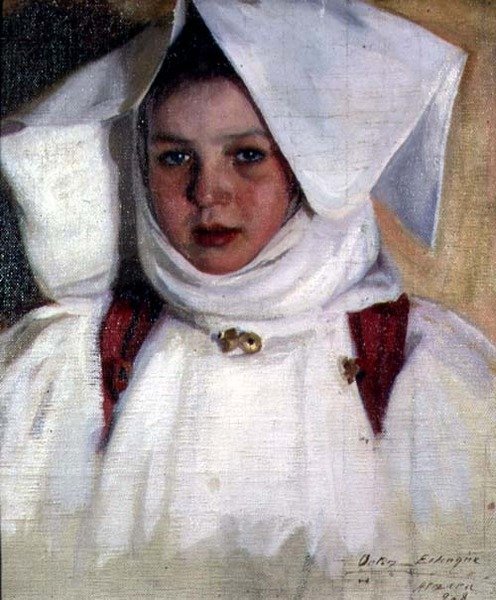 Beyaz Elbiseli ve Şapkalı Kız (tuval üzerine yağlı boya) by Antonio Ortiz Echague