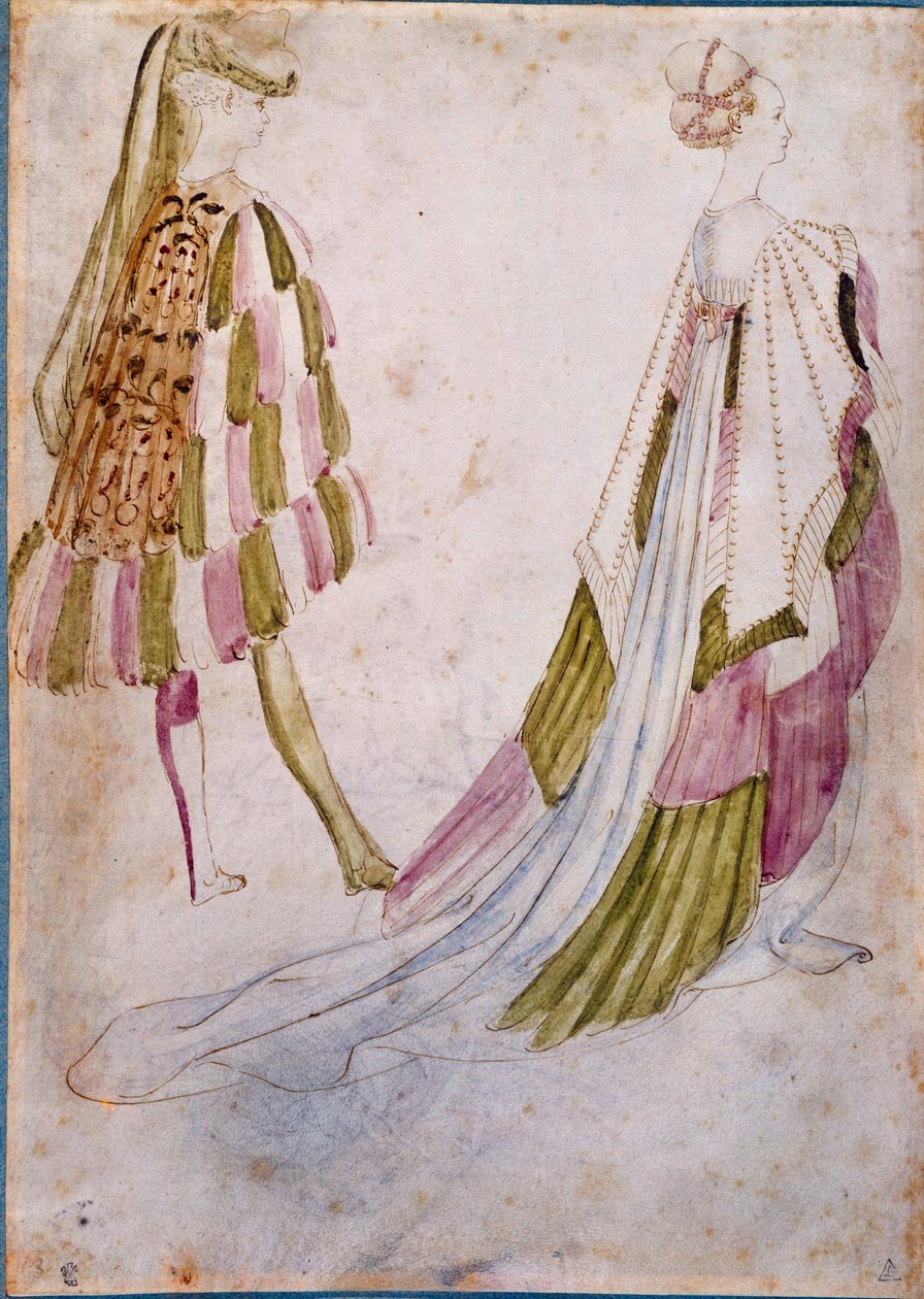 Saray kıyafetleri içinde bir erkek ve bir kadın Suluboya, tüy ve yıkama Antonio di Puccio Pisano dit Pisanello (1395-1455